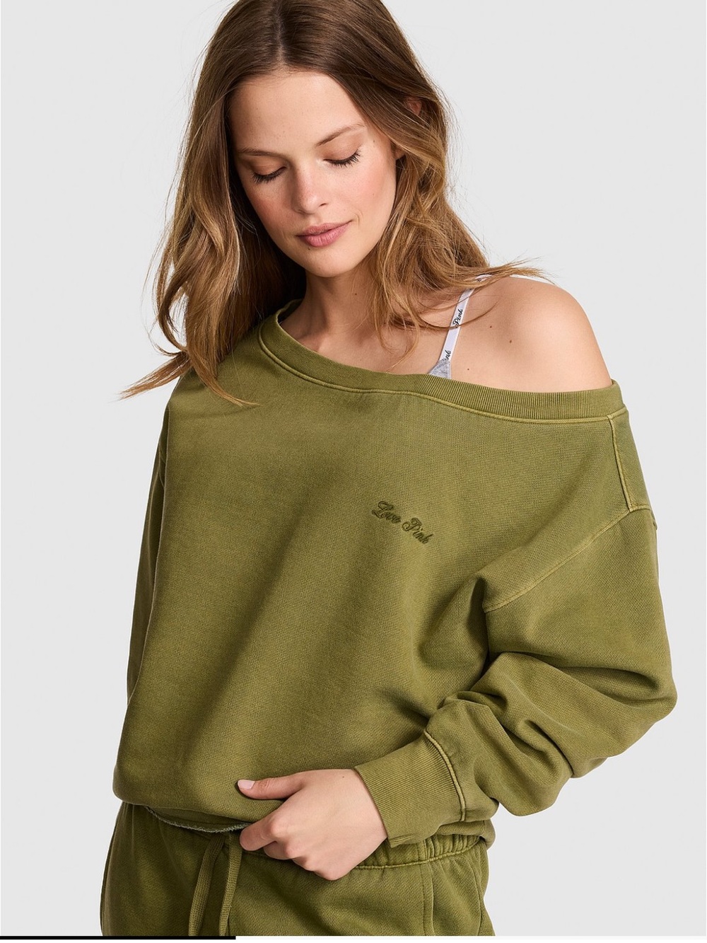 PINK Victoria’s Secret Campus Fleece Rib Off-The-Shoulder Sweatshirt